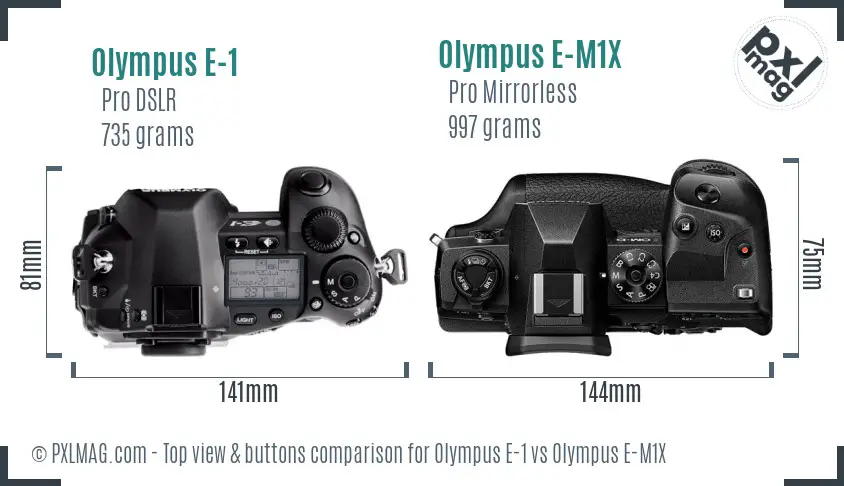 Olympus E-1 vs Olympus E-M1X top view buttons comparison