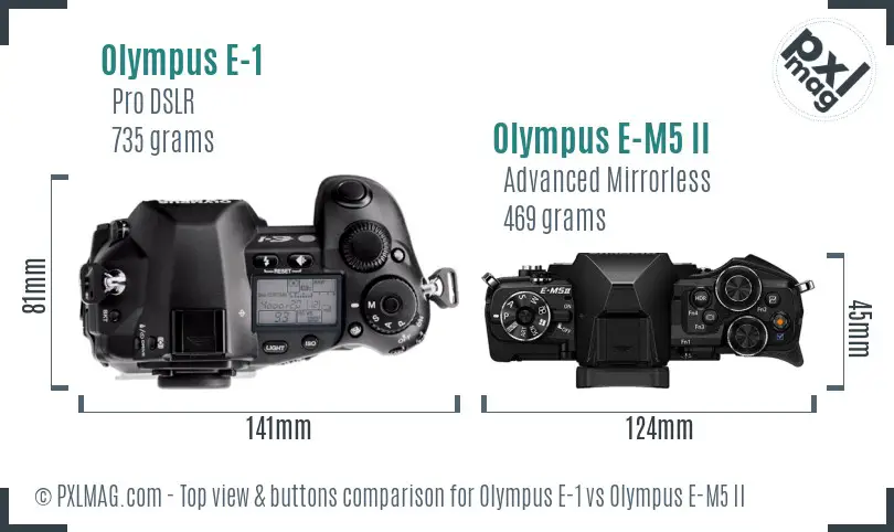 Olympus E-1 vs Olympus E-M5 II top view buttons comparison