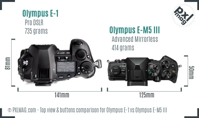 Olympus E-1 vs Olympus E-M5 III top view buttons comparison