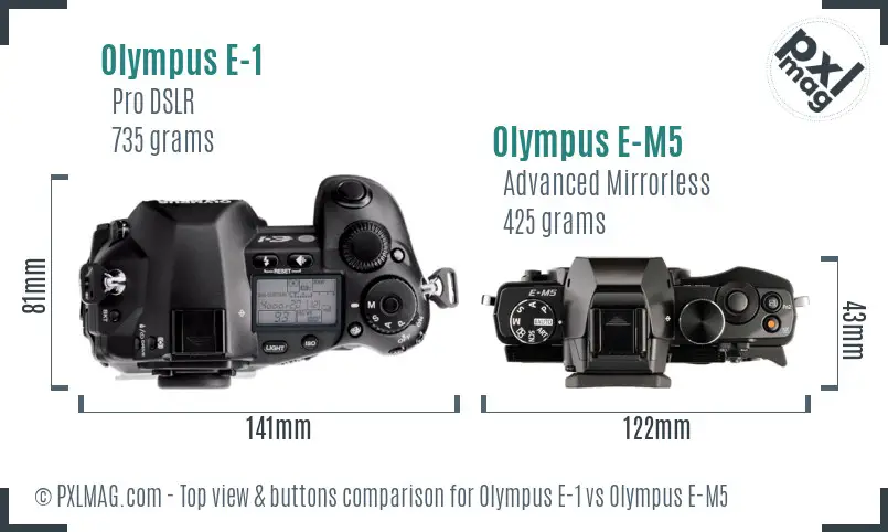 Olympus E-1 vs Olympus E-M5 top view buttons comparison