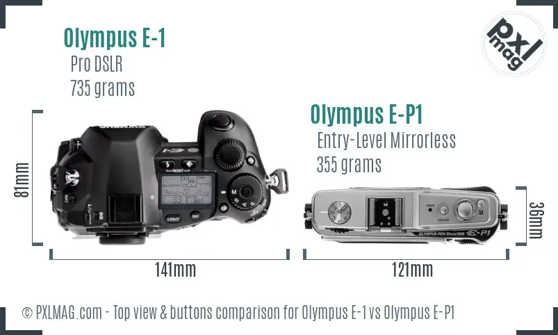 Olympus E-1 vs Olympus E-P1 top view buttons comparison