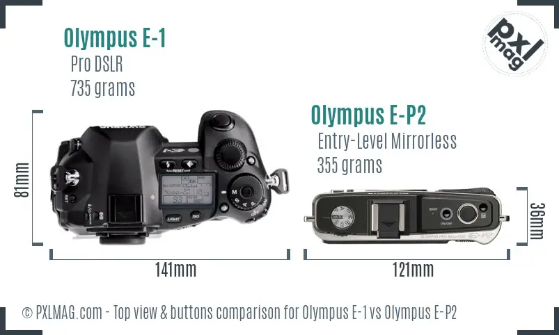 Olympus E-1 vs Olympus E-P2 top view buttons comparison