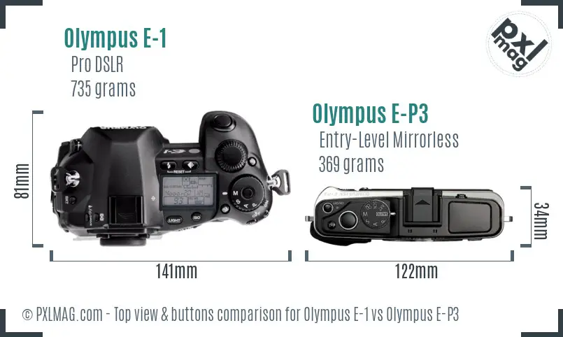 Olympus E-1 vs Olympus E-P3 top view buttons comparison