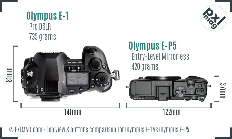 Olympus E-1 vs Olympus E-P5 top view buttons comparison