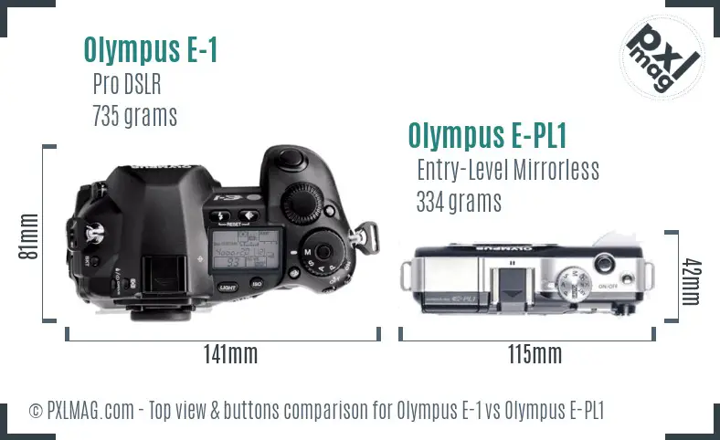 Olympus E-1 vs Olympus E-PL1 top view buttons comparison