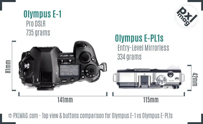 Olympus E-1 vs Olympus E-PL1s top view buttons comparison
