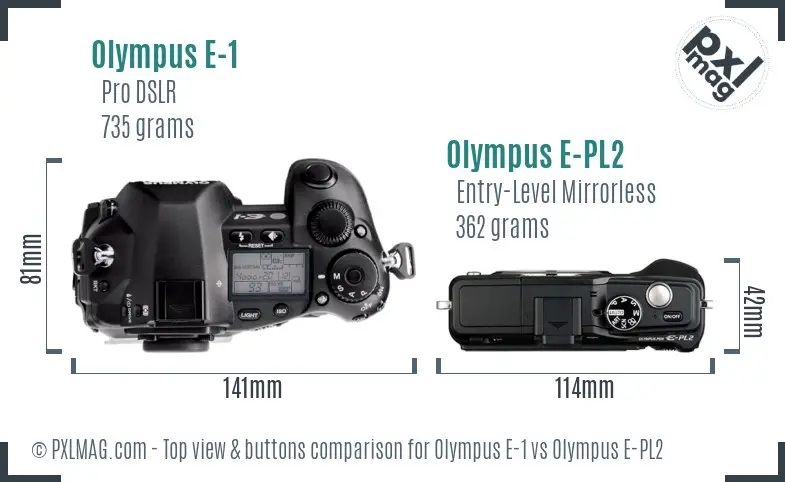 Olympus E-1 vs Olympus E-PL2 top view buttons comparison