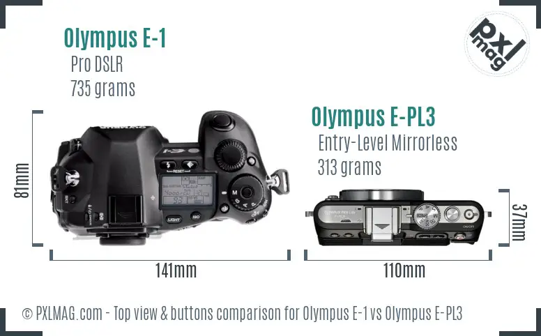 Olympus E-1 vs Olympus E-PL3 top view buttons comparison