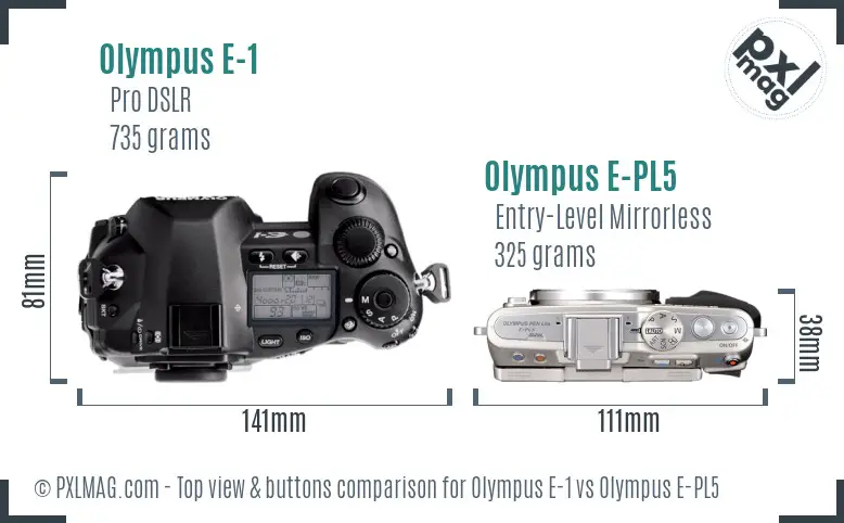Olympus E-1 vs Olympus E-PL5 top view buttons comparison