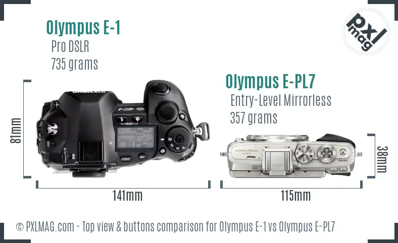 Olympus E-1 vs Olympus E-PL7 top view buttons comparison