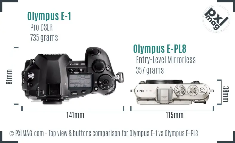 Olympus E-1 vs Olympus E-PL8 top view buttons comparison