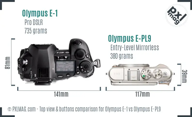 Olympus E-1 vs Olympus E-PL9 top view buttons comparison