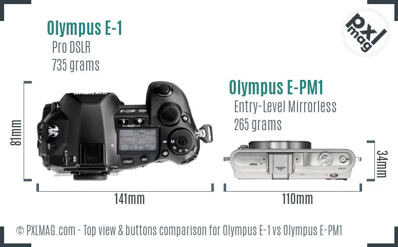 Olympus E-1 vs Olympus E-PM1 top view buttons comparison