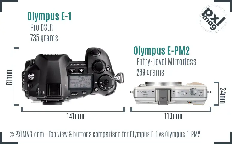 Olympus E-1 vs Olympus E-PM2 top view buttons comparison