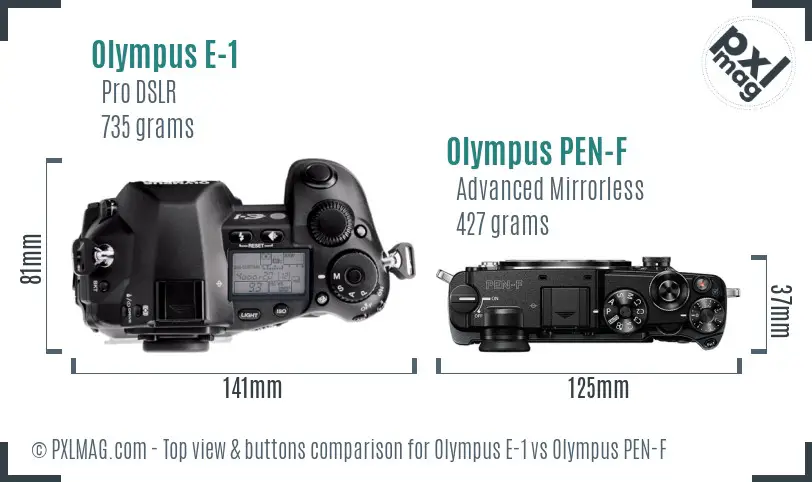 Olympus E-1 vs Olympus PEN-F top view buttons comparison