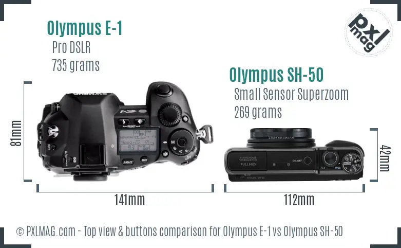 Olympus E-1 vs Olympus SH-50 top view buttons comparison