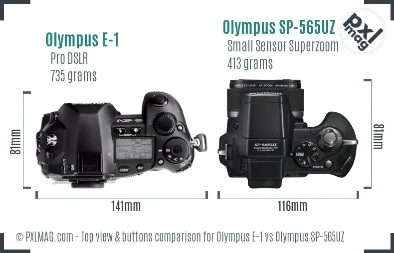 Olympus E-1 vs Olympus SP-565UZ top view buttons comparison