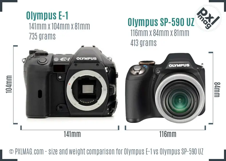 Olympus E-1 vs Olympus SP-590 UZ size comparison