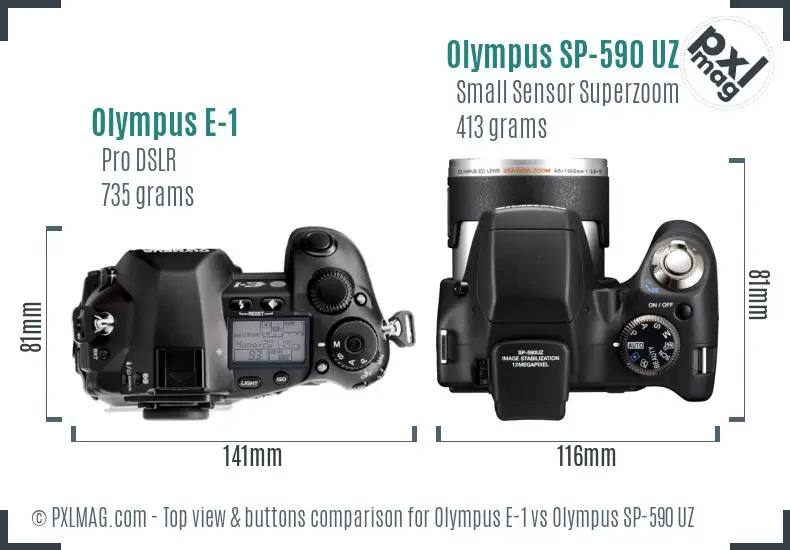 Olympus E-1 vs Olympus SP-590 UZ top view buttons comparison