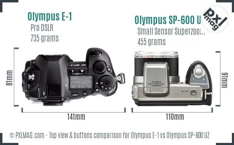 Olympus E-1 vs Olympus SP-600 UZ top view buttons comparison