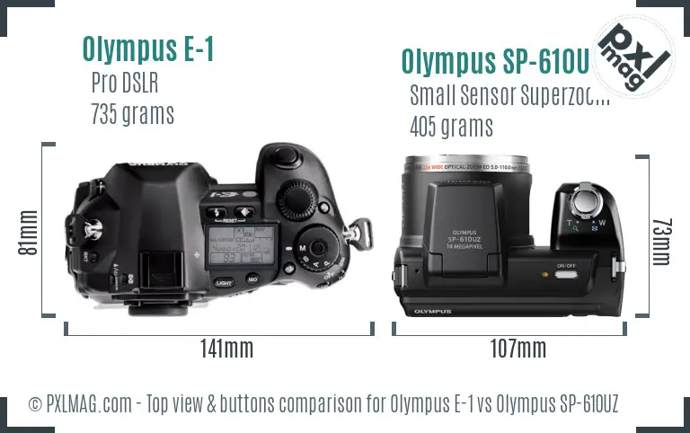 Olympus E-1 vs Olympus SP-610UZ top view buttons comparison