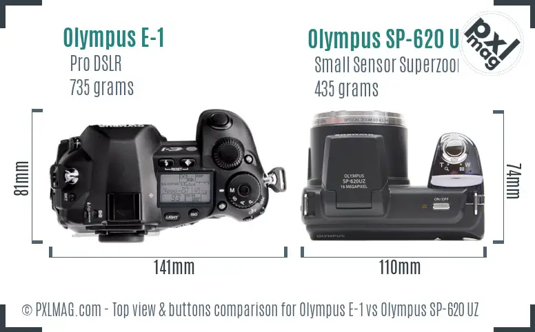Olympus E-1 vs Olympus SP-620 UZ top view buttons comparison