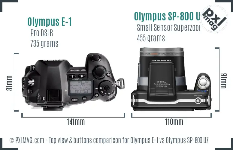 Olympus E-1 vs Olympus SP-800 UZ top view buttons comparison