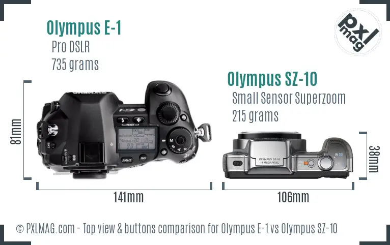 Olympus E-1 vs Olympus SZ-10 top view buttons comparison