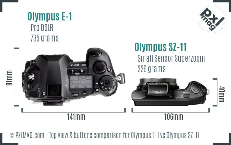 Olympus E-1 vs Olympus SZ-11 top view buttons comparison