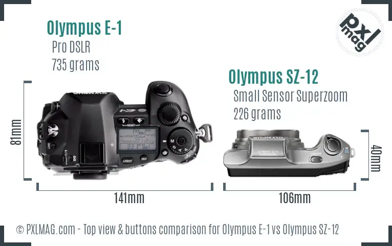 Olympus E-1 vs Olympus SZ-12 top view buttons comparison