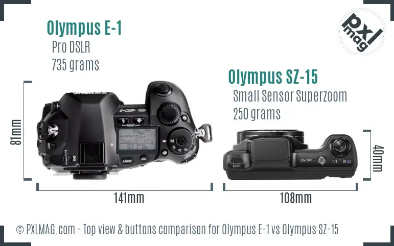 Olympus E-1 vs Olympus SZ-15 top view buttons comparison