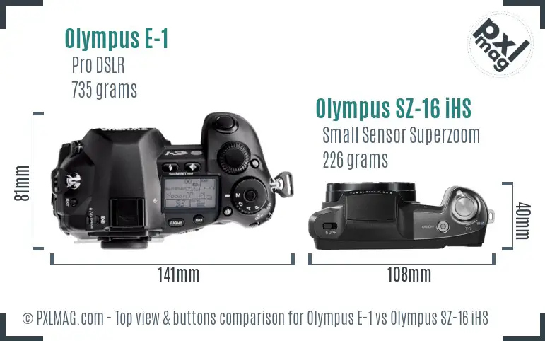 Olympus E-1 vs Olympus SZ-16 iHS top view buttons comparison