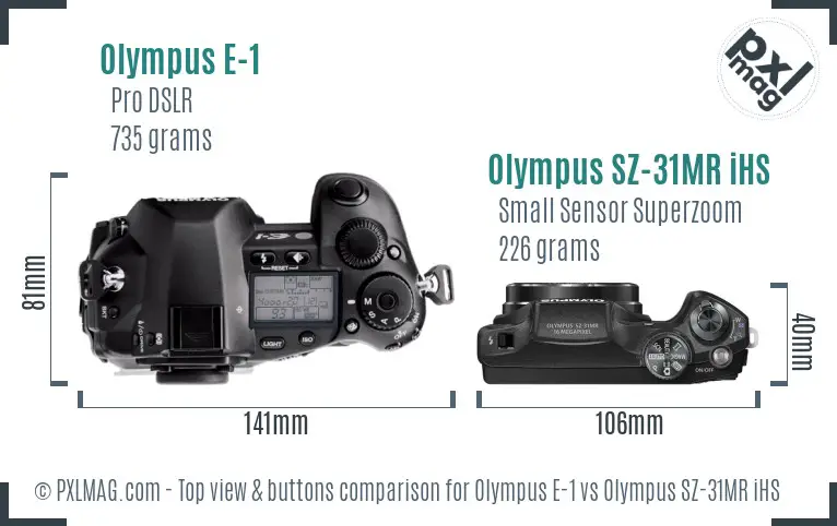 Olympus E-1 vs Olympus SZ-31MR iHS top view buttons comparison