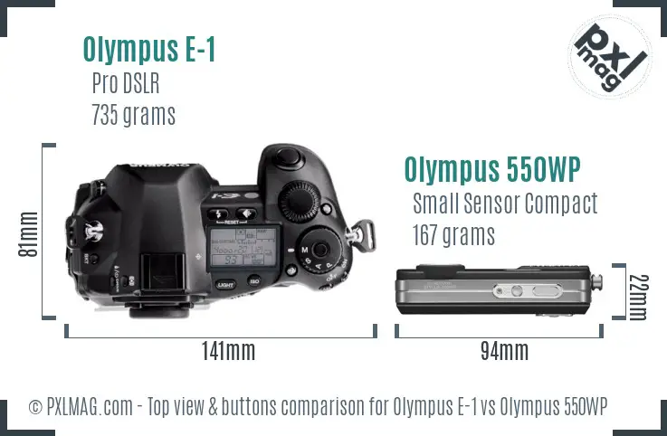 Olympus E-1 vs Olympus 550WP top view buttons comparison