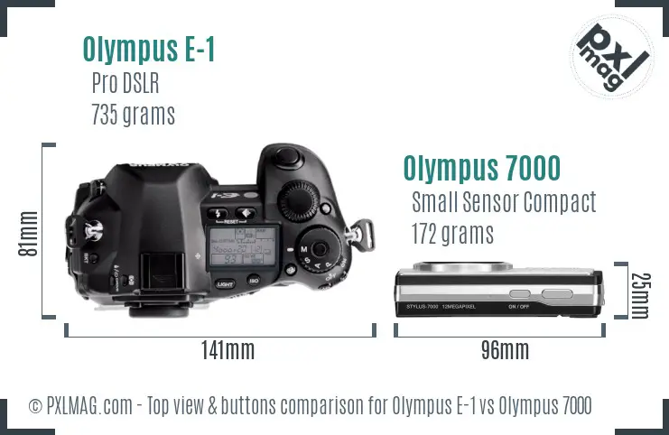 Olympus E-1 vs Olympus 7000 top view buttons comparison