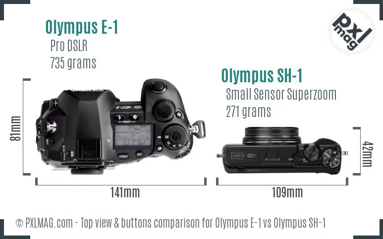 Olympus E-1 vs Olympus SH-1 top view buttons comparison