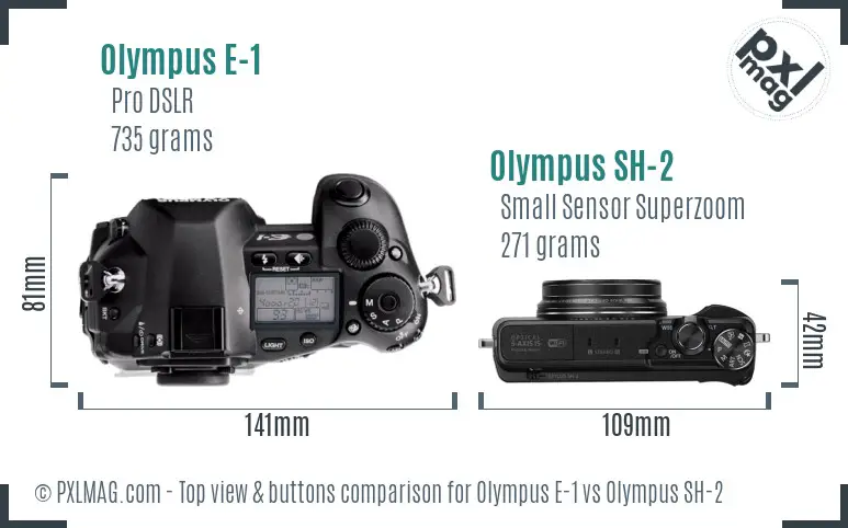 Olympus E-1 vs Olympus SH-2 top view buttons comparison