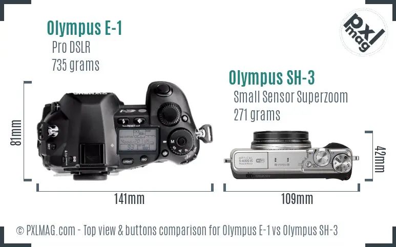 Olympus E-1 vs Olympus SH-3 top view buttons comparison