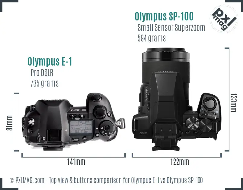 Olympus E-1 vs Olympus SP-100 top view buttons comparison