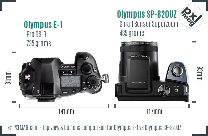 Olympus E-1 vs Olympus SP-820UZ top view buttons comparison