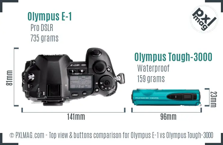 Olympus E-1 vs Olympus Tough-3000 top view buttons comparison