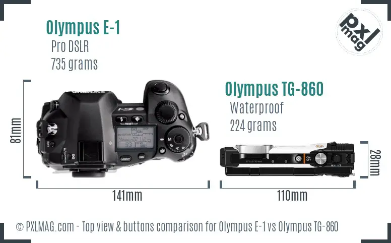 Olympus E-1 vs Olympus TG-860 top view buttons comparison