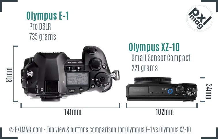 Olympus E-1 vs Olympus XZ-10 top view buttons comparison