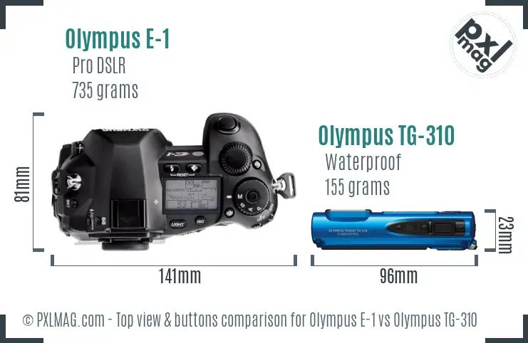 Olympus E-1 vs Olympus TG-310 top view buttons comparison