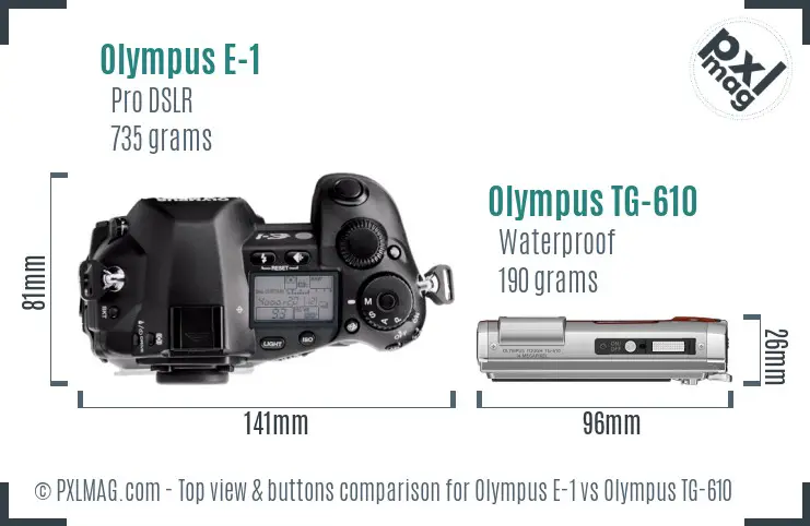 Olympus E-1 vs Olympus TG-610 top view buttons comparison
