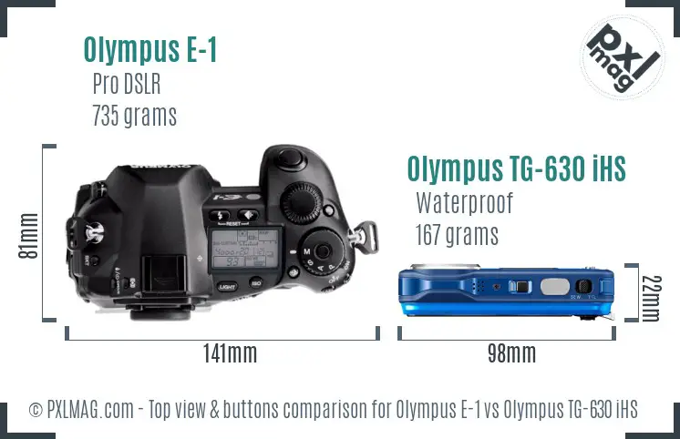 Olympus E-1 vs Olympus TG-630 iHS top view buttons comparison