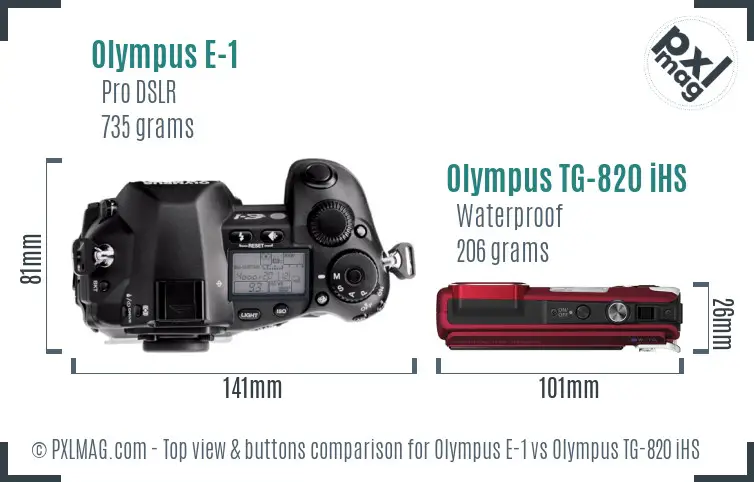 Olympus E-1 vs Olympus TG-820 iHS top view buttons comparison