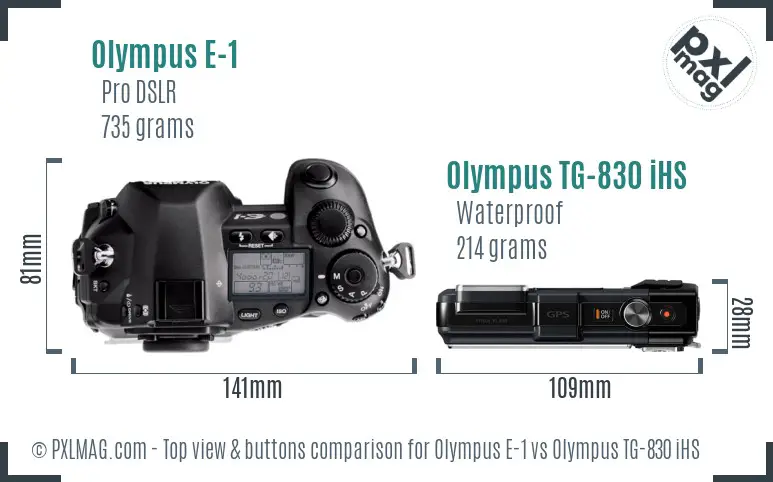 Olympus E-1 vs Olympus TG-830 iHS top view buttons comparison