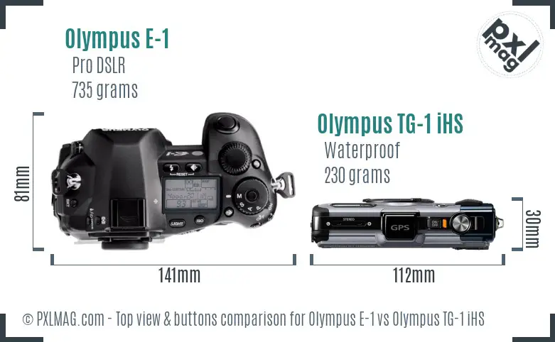 Olympus E-1 vs Olympus TG-1 iHS top view buttons comparison
