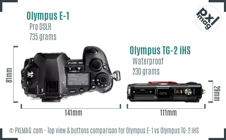 Olympus E-1 vs Olympus TG-2 iHS top view buttons comparison